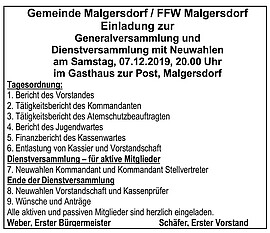 Banner FFW Malgersdorf - Dienstversammlung mit Kommandantenwahl